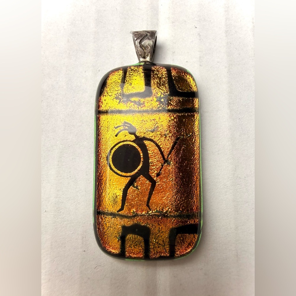 Vintage‎ Dichroic Fused Glass Black Warrior Pendant Greek Gold Amber Shimmer
